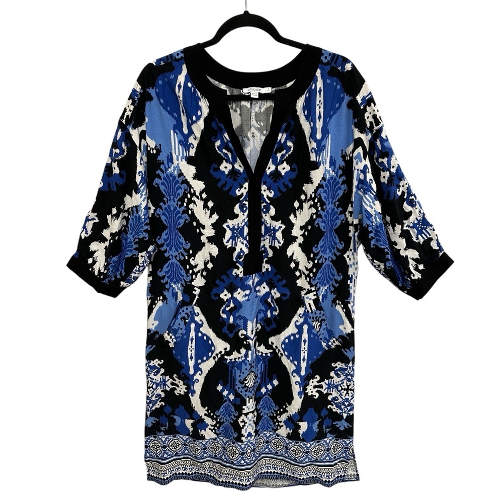 Chico’s blue white black ikat print contemporary artsy dress Size L